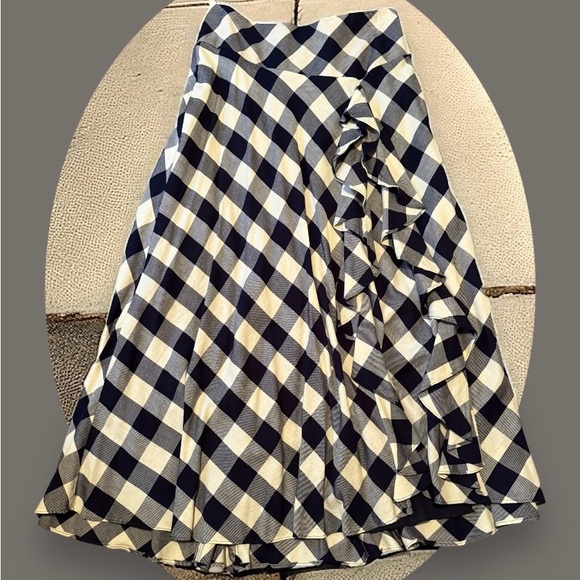Ralph Lauren Black and White Ruffled Checkered Midi Skirt - Picture 1 of 8